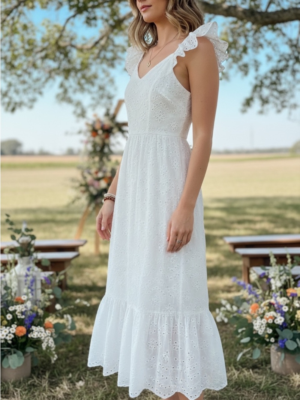 Sincerely Jules White Eyelet Ruffle Strap Midi Dress